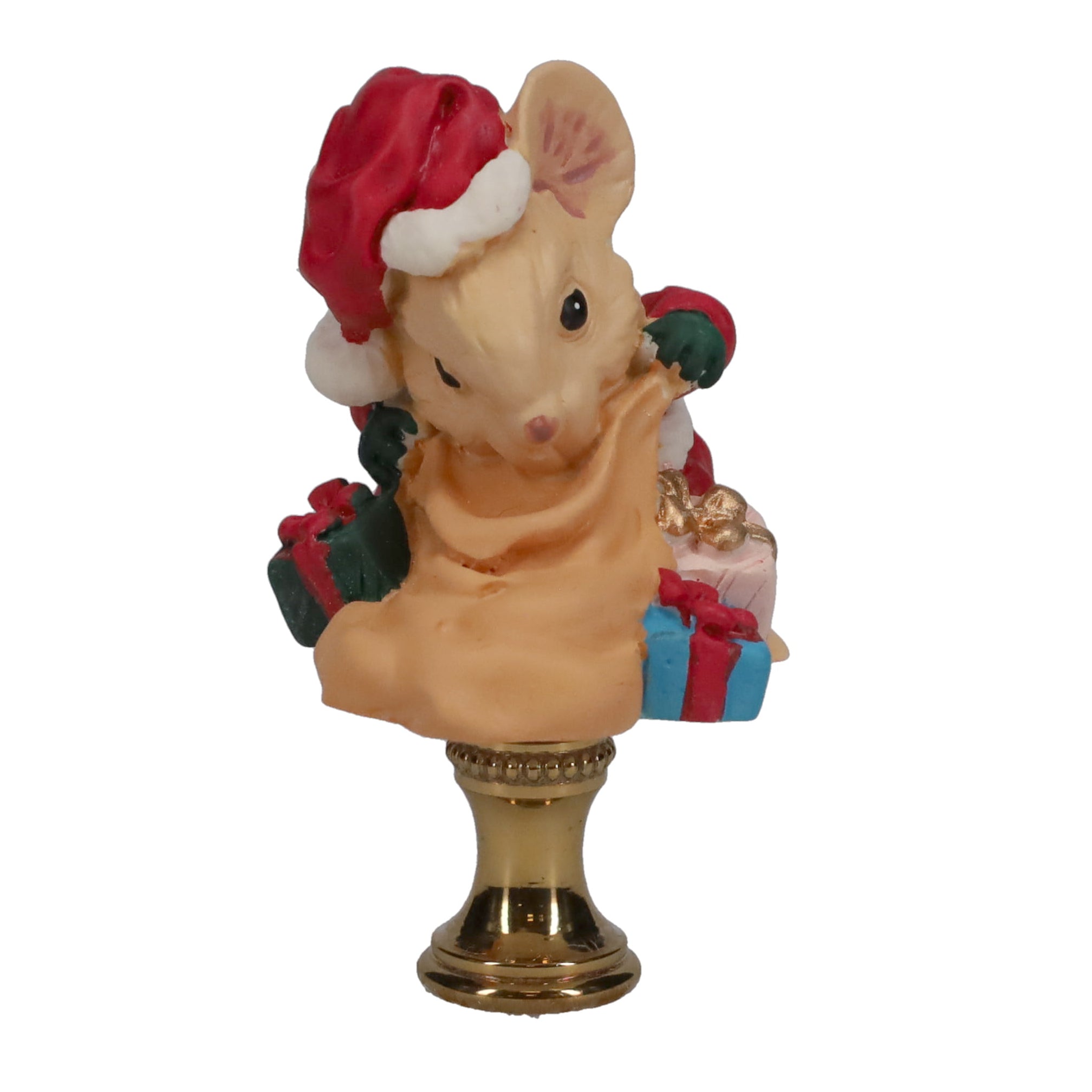 2-1/2" Tall Brass Finial, Ceramic Christmas Mouse with Sack & Presents, 1/4-27F Tap (15243)