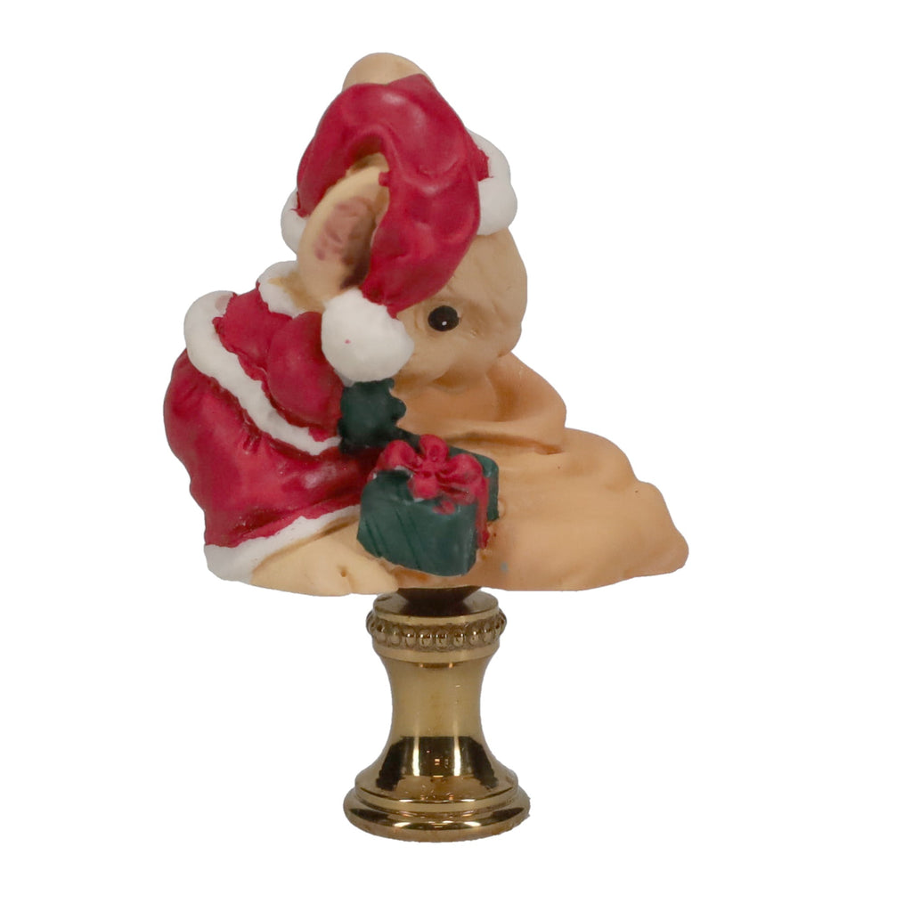 2-1/2" Tall Brass Finial, Ceramic Christmas Mouse with Sack & Presents, 1/4-27F Tap (15243)