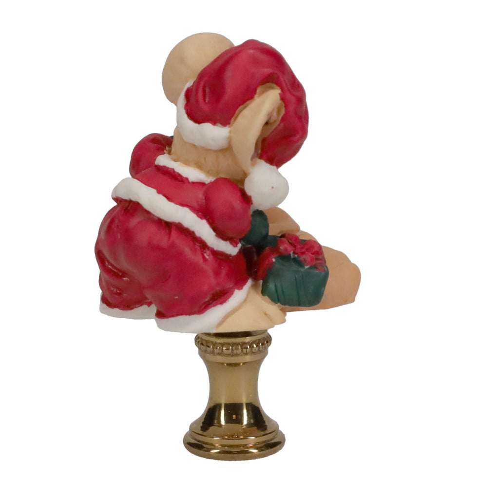 2-1/2" Tall Brass Finial, Ceramic Christmas Mouse with Sack & Presents, 1/4-27F Tap (15243)