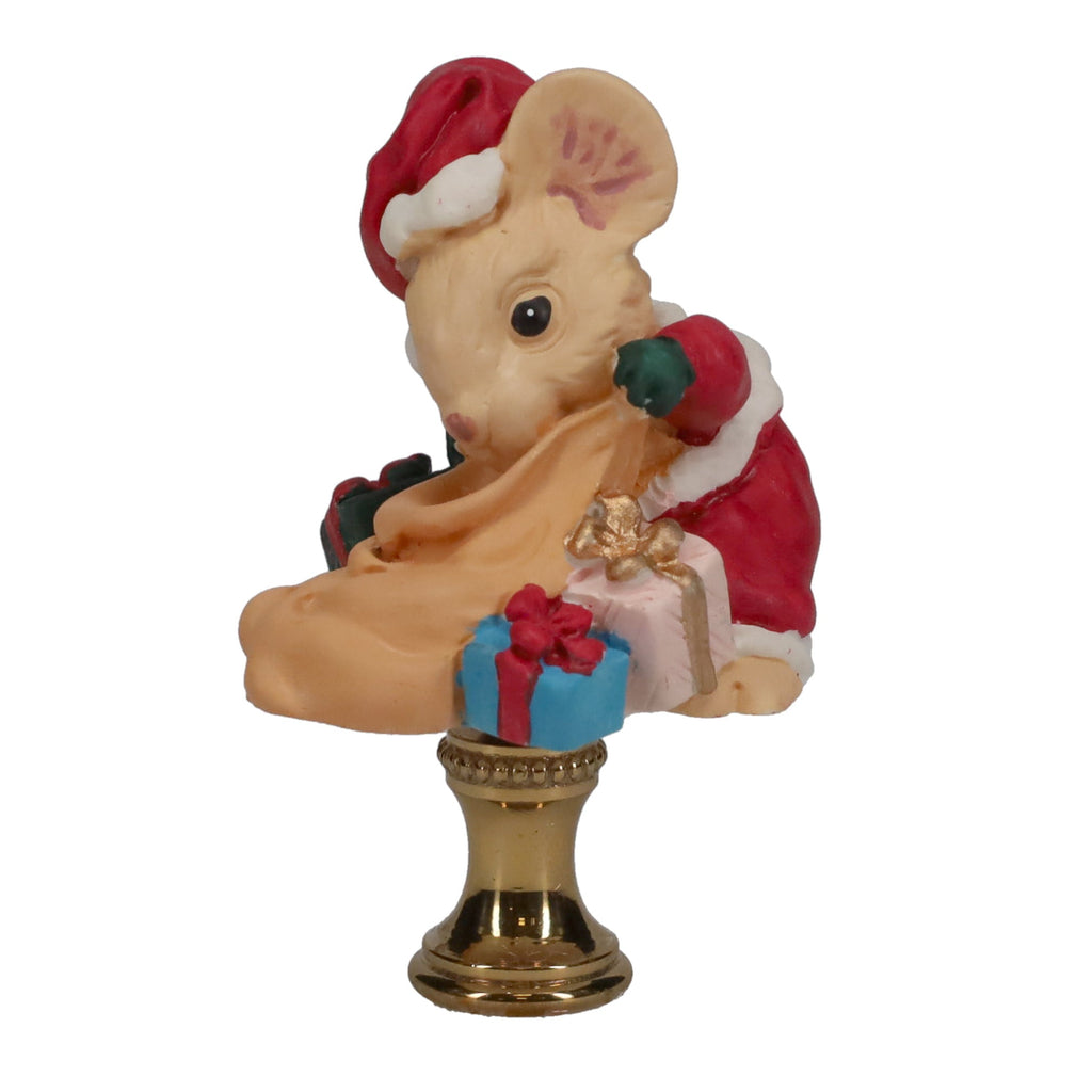 2-1/2" Tall Brass Finial, Ceramic Christmas Mouse with Sack & Presents, 1/4-27F Tap (15243)