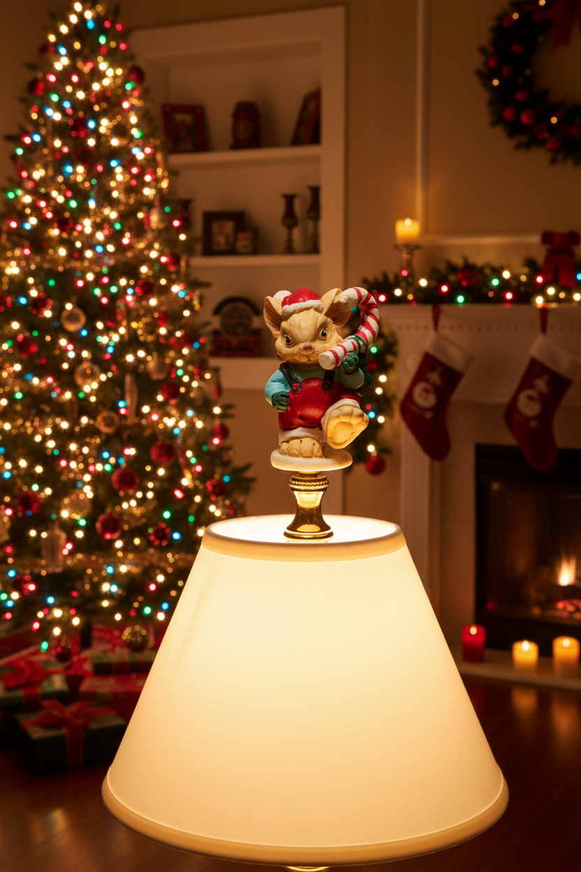 2-7/8" Tall Brass Finial, Ceramic Christmas Mouse with Candy Cane, 1/4-27F Tap (15244)