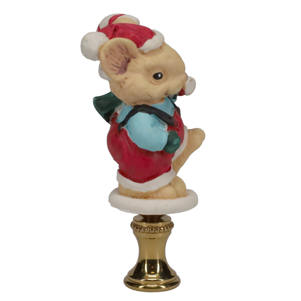 2-7/8" Tall Brass Finial, Ceramic Christmas Mouse with Candy Cane, 1/4-27F Tap (15244)