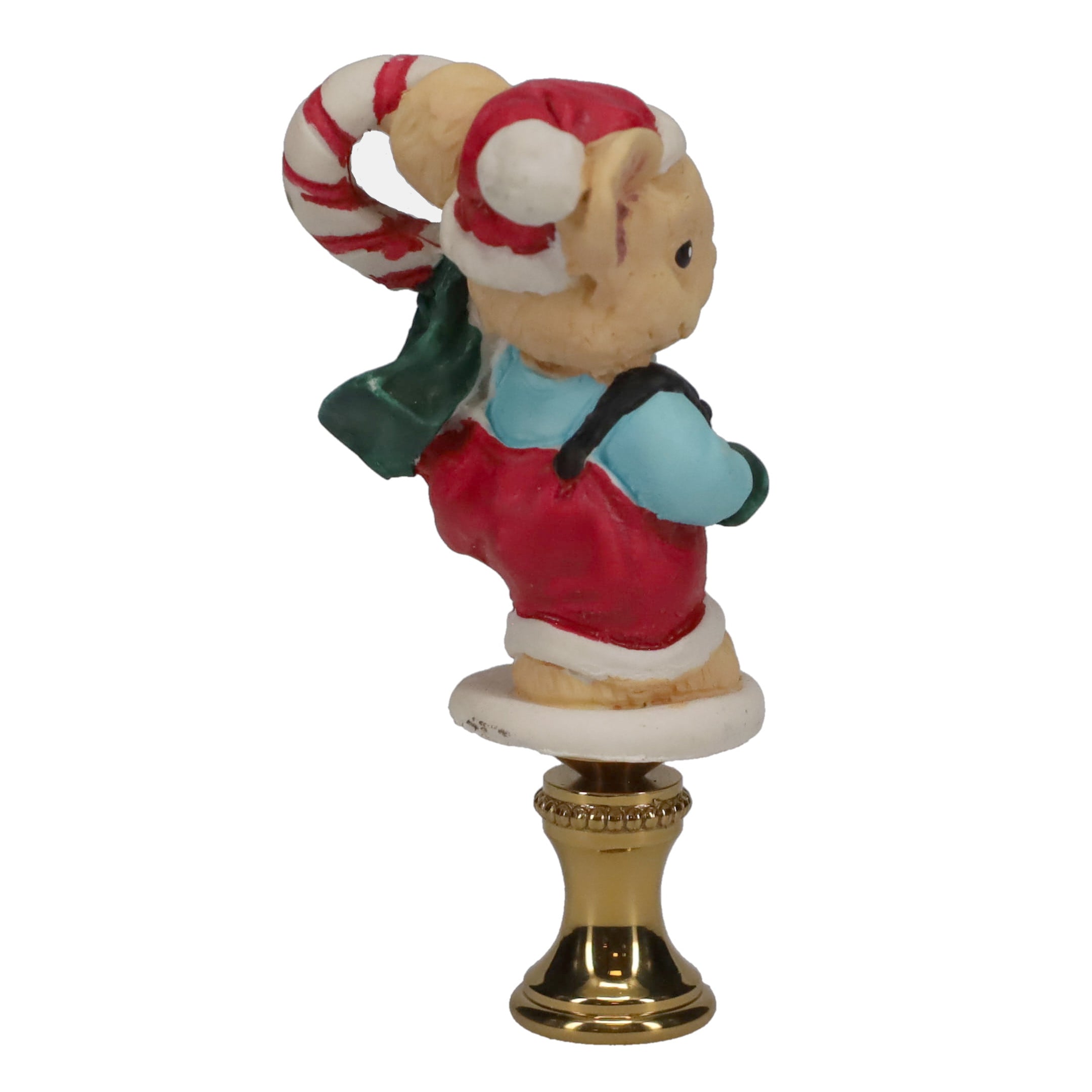 2-7/8" Tall Brass Finial, Ceramic Christmas Mouse with Candy Cane, 1/4-27F Tap (15244)