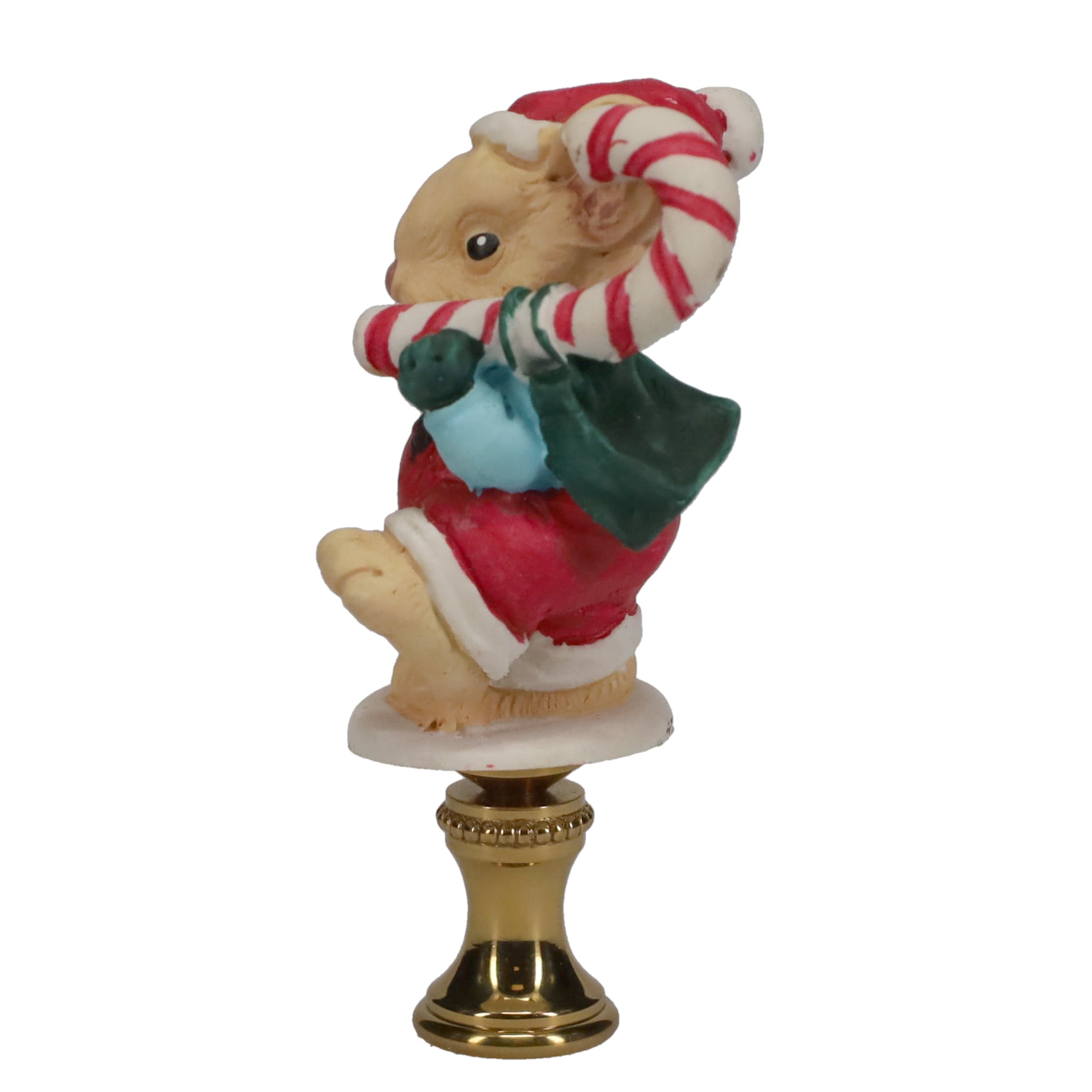 2-7/8" Tall Brass Finial, Ceramic Christmas Mouse with Candy Cane, 1/4-27F Tap (15244)