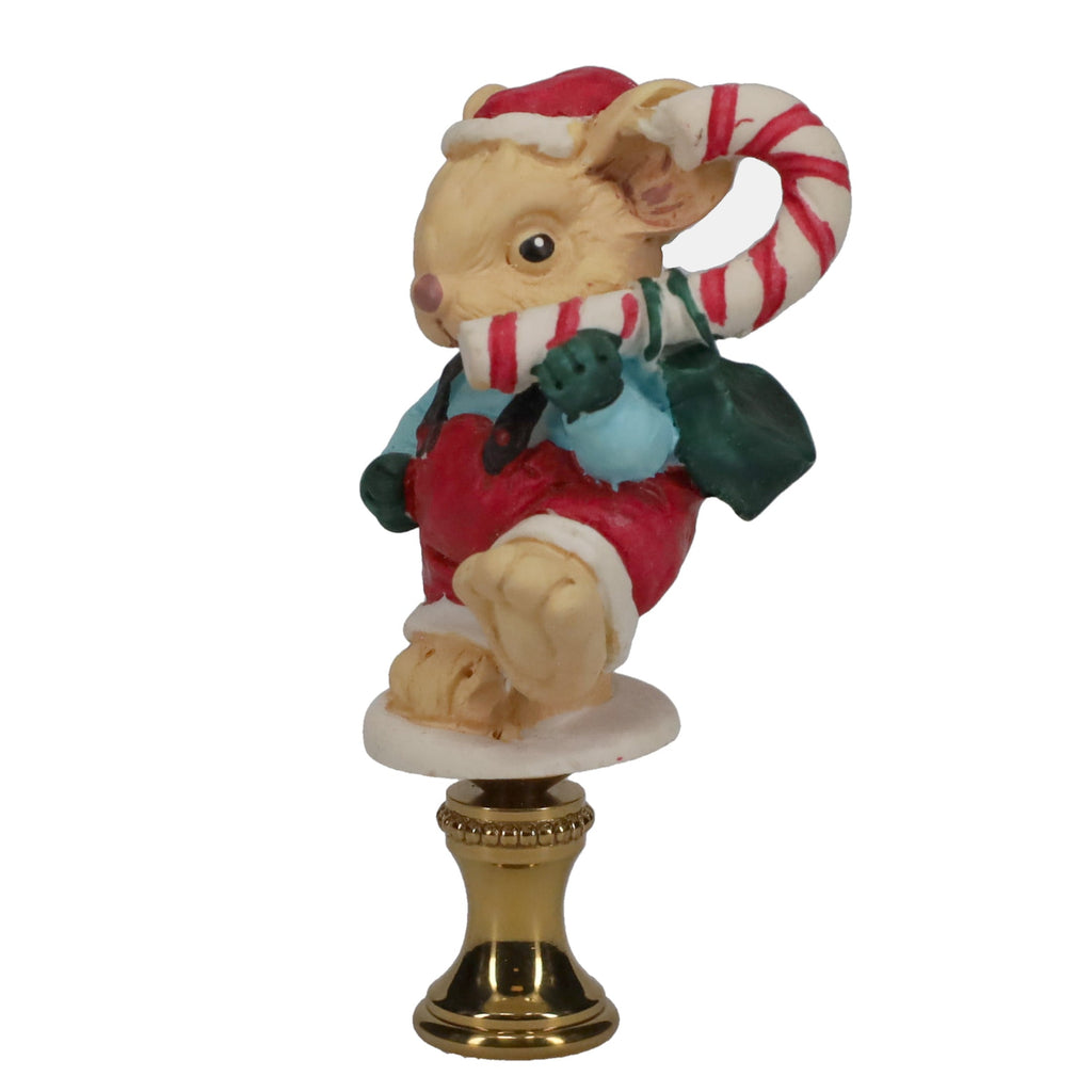 2-7/8" Tall Brass Finial, Ceramic Christmas Mouse with Candy Cane, 1/4-27F Tap (15244)