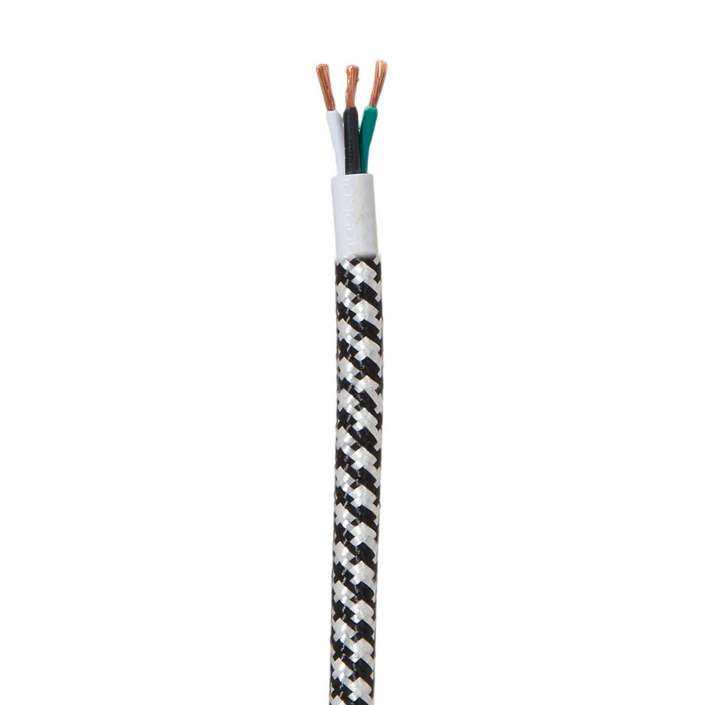 18/3 SVT-B Black & White Hounds-Tooth Pattern Rayon Covered Fabric Lamp Cord, 3-Wire, Choice of Length (46594)