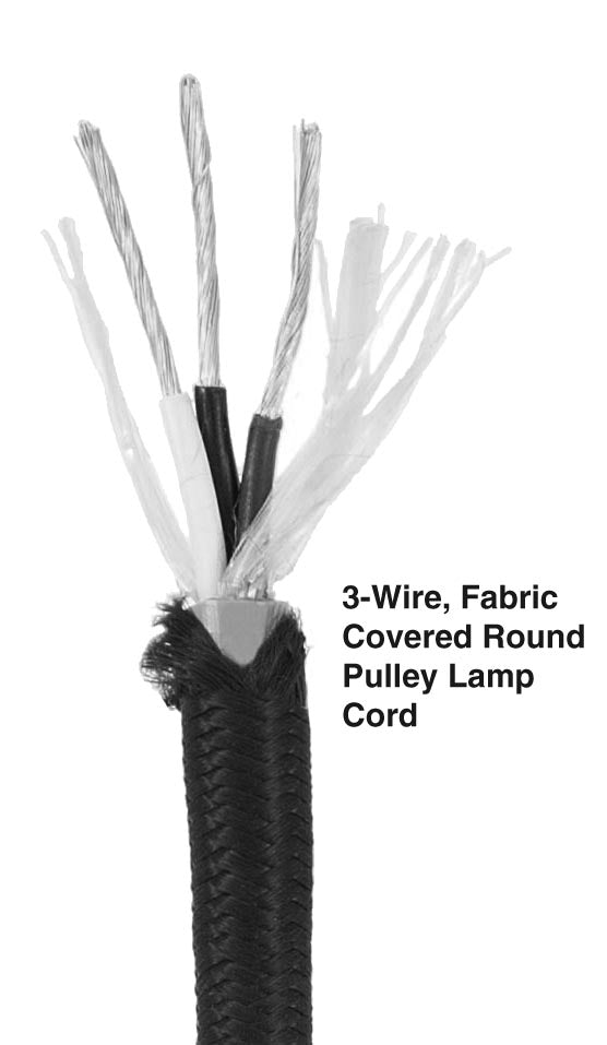 Black COTTON 3-Wire Pulley Lamp Cord Wire, Choice of Length (46677)