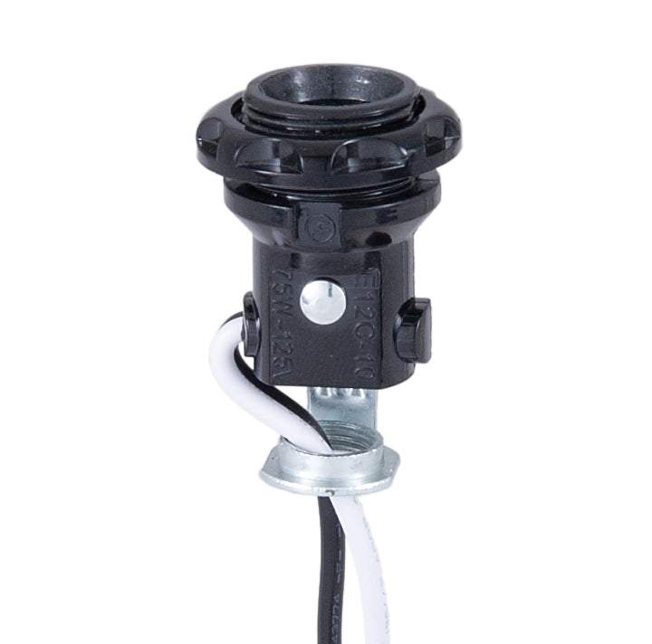 E12 Candelabra Socket With External Threads, Ring, Hickey, & 8" Wire Leads (47638)