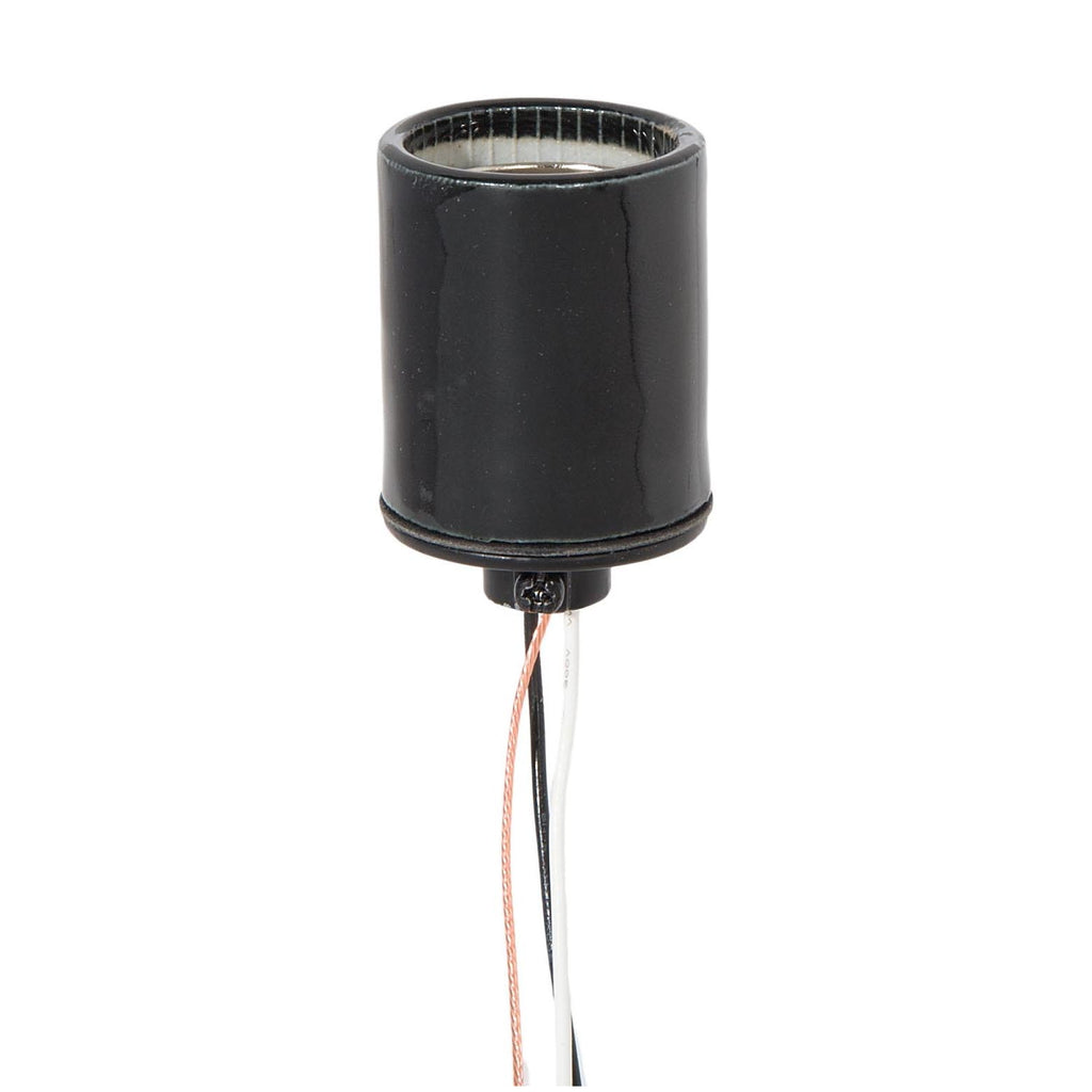 Keyless Glazed Black Porcelain E-26 Socket, Thin Wires, 1/8 IPS Metal Cap (48093)