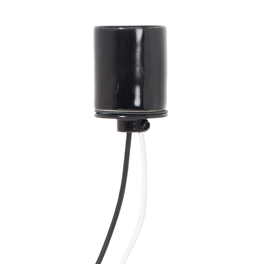 Keyless Glazed Black Porcelain E-26 Socket, Bottom 1/8 IPS Metal Cap And Wire Leads (48097)