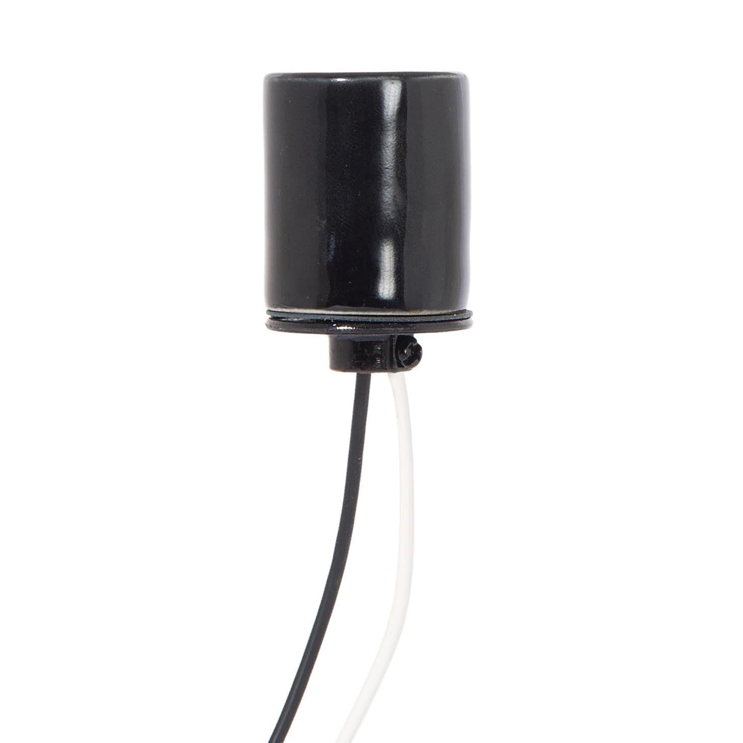 Keyless Glazed Black Porcelain E-26 Socket, Bottom 1/8 IPS Metal Cap And Wire Leads (48097)