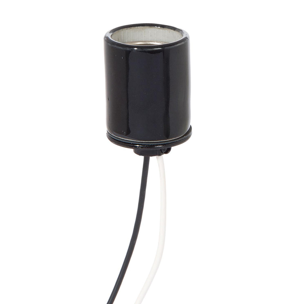 Keyless Glazed Black Porcelain E-26 Socket, Bottom 1/8 IPS Metal Cap And Wire Leads (48097)