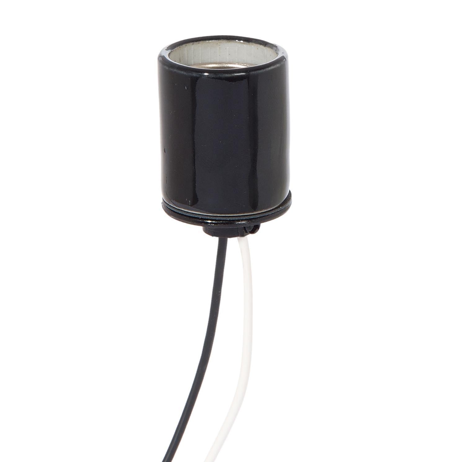 Keyless Glazed Black Porcelain E-26 Socket, Bottom 1/8 IPS Metal Cap And Wire Leads (48097)