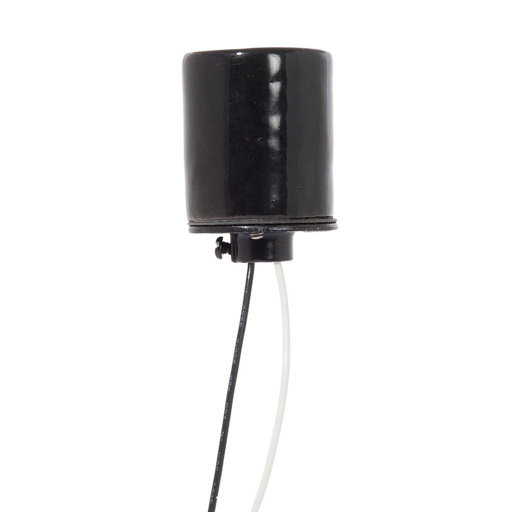 Keyless Glazed Black Porcelain E-26 Socket, 1/8IP Metal Cap, Choice of Wire Lead Length (48089)