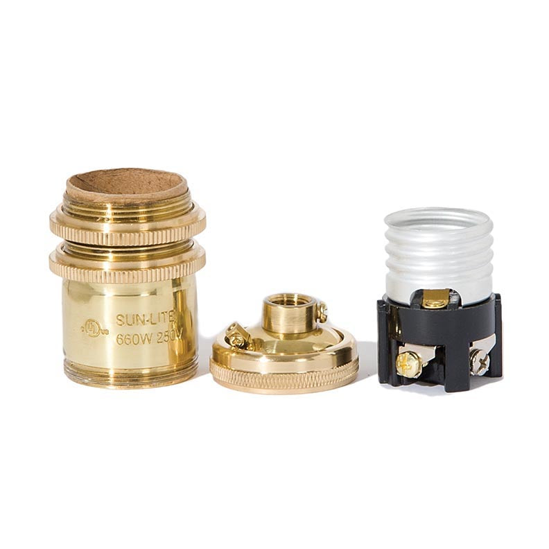 Polished & Lacquered, Tall E26 Keyless Brass Lamp Socket with Ground Screw Terminal, Long UNO Threads (48264)