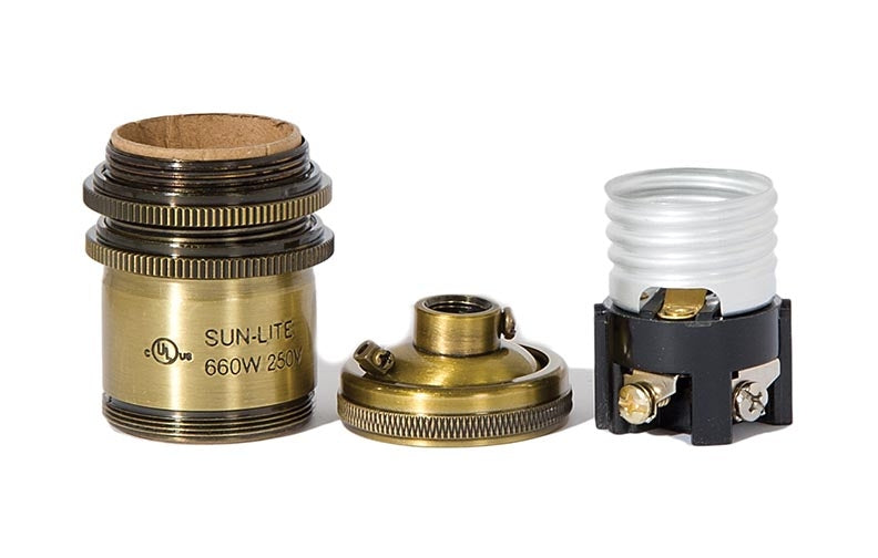 Tall Keyless Brass Lamp Socket with Ground Screw Terminal, Antique Brass Finish, Long UNO Threads (48264A)