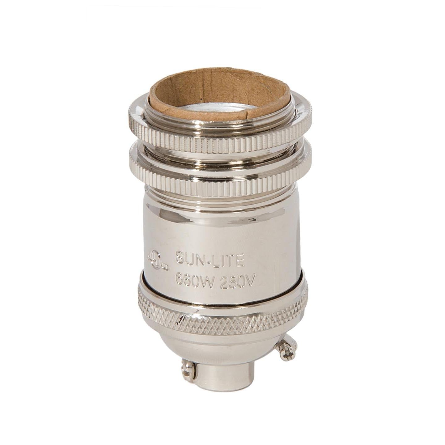 Polished Nickel Finish Sunlite Full Keyless Heavy Turned Brass Tall Socket, Ground Screw Terminal, 1/8IP (48264N)