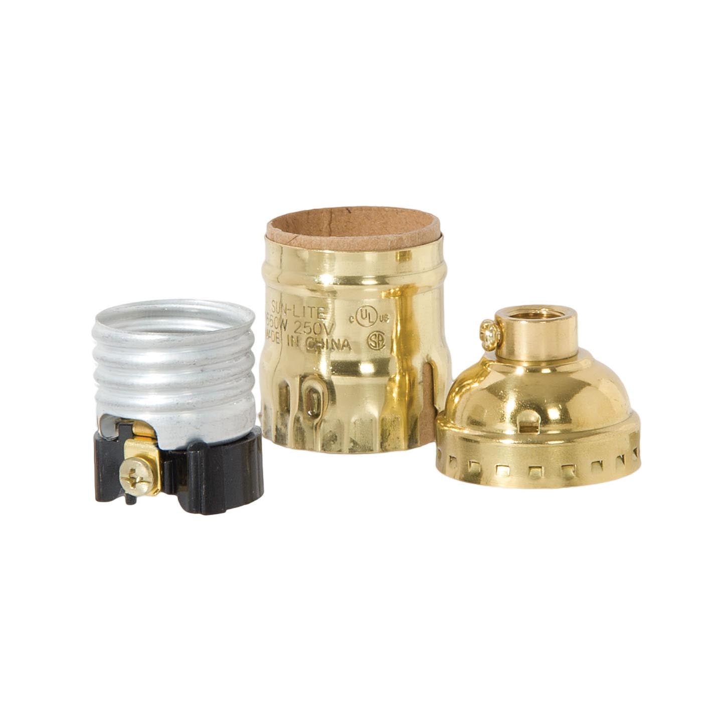 Keyless Polished & Lacquered Finish Early Electric Style Brass Lamp E26 Socket, No UNO Thread (48291)