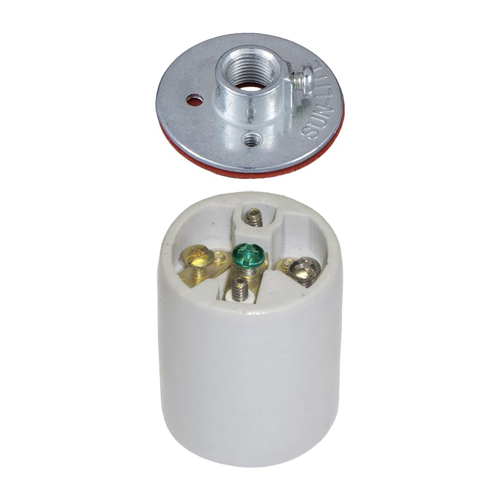 E-26 Keyless Porcelain Lamp Socket with Ground Screw and Metal Cap with 1/8 IPS Thread (48303)