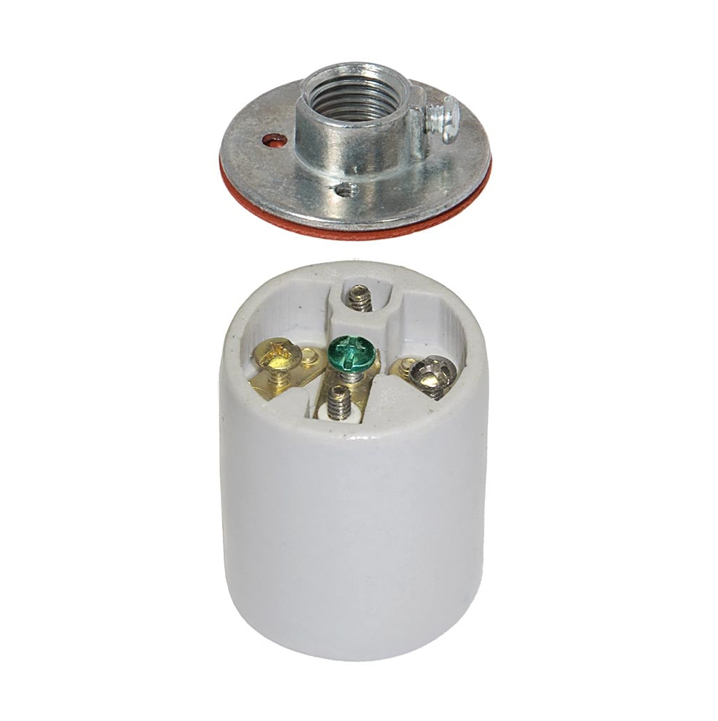 E-26 Keyless Porcelain Lamp Socket, Ground Screw & Metal Cap, 1/4 IPS Thread (48304)