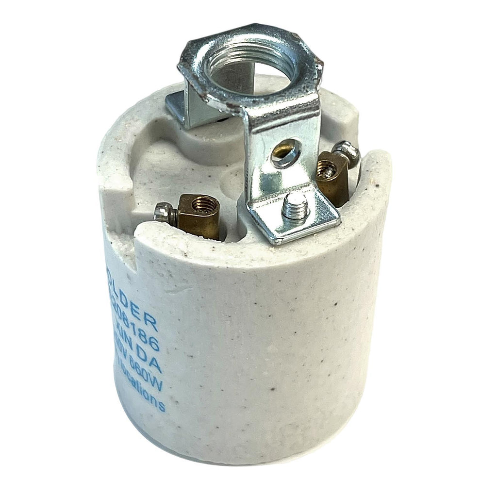 E26 Medium Porcelain Lamp Socket 1/8F, 1/2" Tall Metal Hickey & Easy Wire Terminals, 250V, 660W (48306)