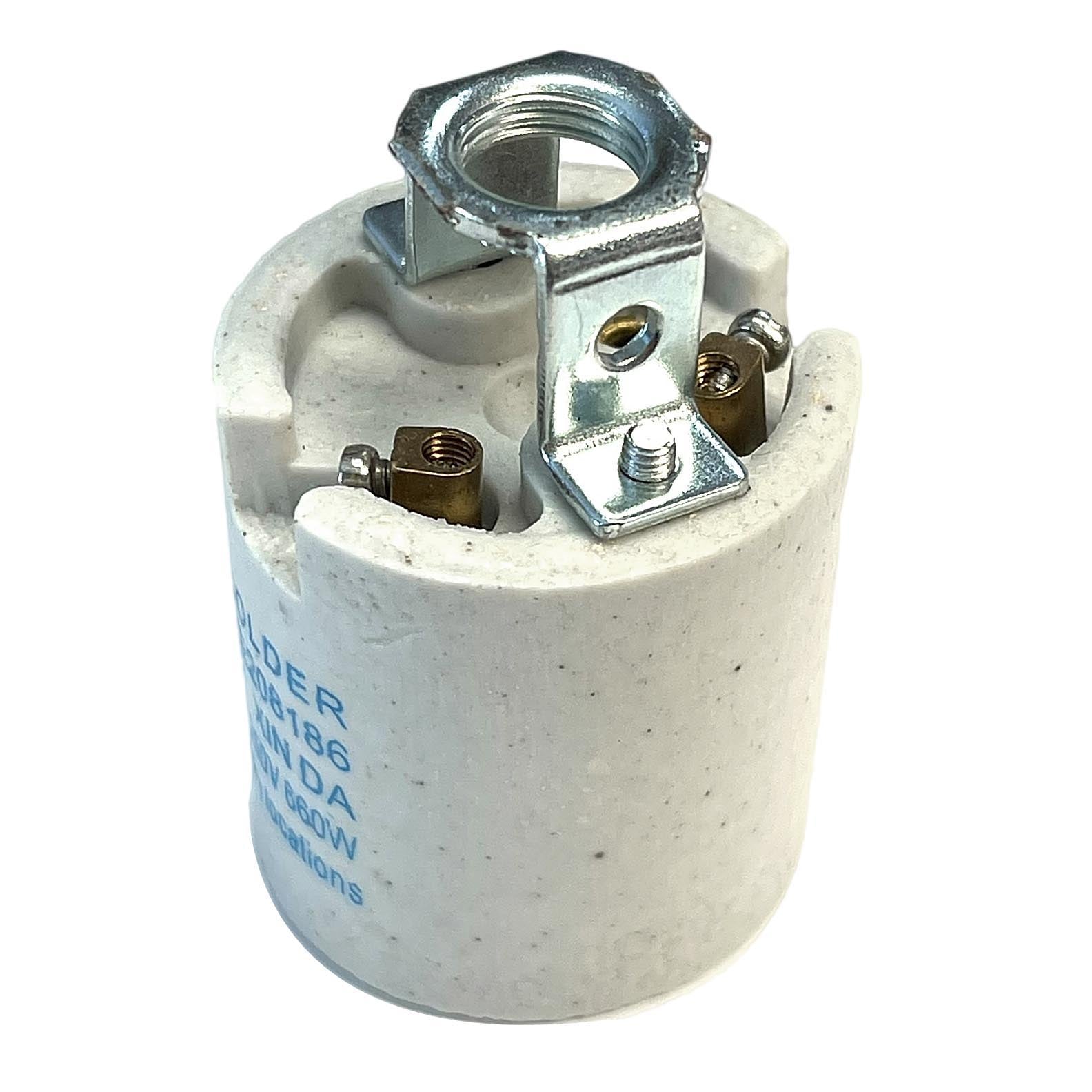 E26 Medium Porcelain Lamp Socket 1/8F, 1/2" Tall Metal Hickey & Easy Wire Terminals, 250V, 660W (48306)
